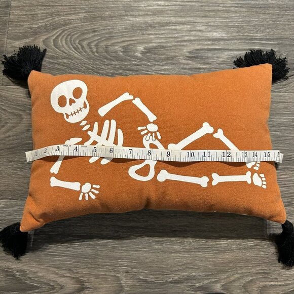 16" Halloween Skeleton Throw Pillow Black Tassels Target Orange Spooky Plush - Picture 2 of 6